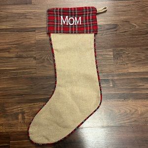 Ballard Designs, burlap stocking, “MOM” Christmas Decor, classic plaid